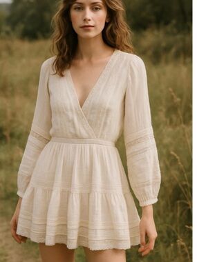 American Eagle Outfitters Cream V-Neck Long-Sleeve Tiered Mini Dress